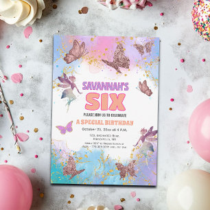 Butterflies Fairy Gold Glitter 6th Birthday Party Invitation