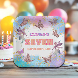 Butterflies Fairy Gold Glitter 7th Birthday Party Paper Plate