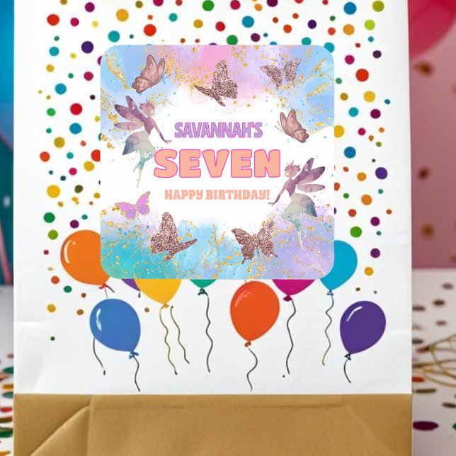 Butterflies Fairy Gold Glitter 7th Birthday Party Square Sticker (Creator Uploaded)
