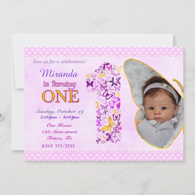 Butterflies First Birthday Party Invitation (Front)