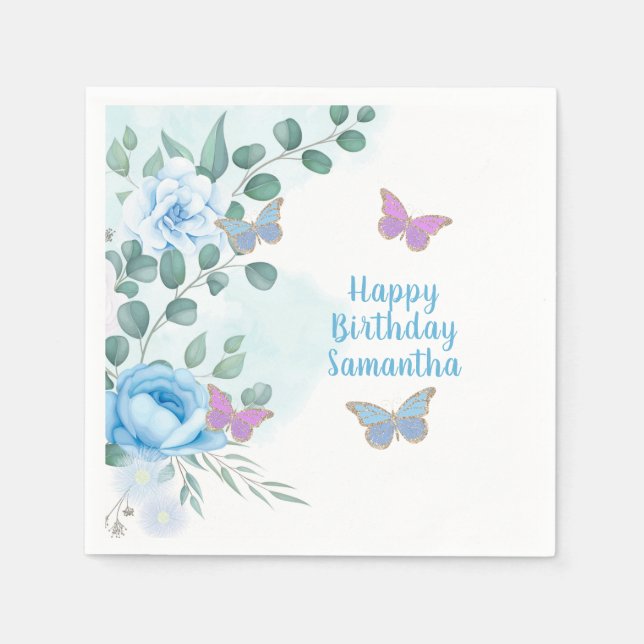  Butterflies Floral Blue Purple Gold Birthday  Napkin (Front)