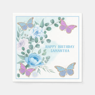 Butterflies Floral Blue Purple Gold Birthday   Napkin