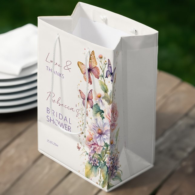 Butterflies floral bridal shower favours medium gift bag (Butterflies enchanted garden floral bridal shower favors personalized printed medium favor gift bag)