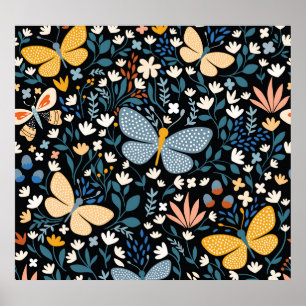 Butterflies Floral: Hand Drawn Seamless. Poster