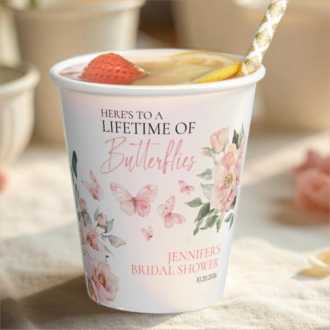 Butterflies Floral Pink Blush Bridal Shower  Paper Cups (Creator Uploaded)