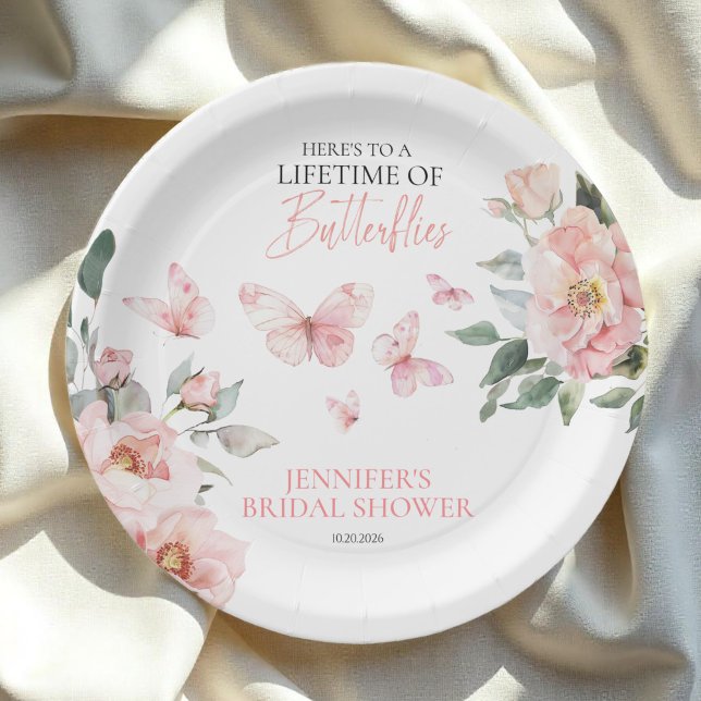 Butterflies Floral Pink Blush Bridal Shower Paper Plate (Creator Uploaded)