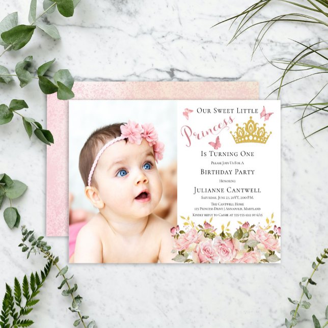 Butterflies Floral Princess Photo 1st Birthday Invitation (Butterflies | Gold Glitter Crown | Pink Rose Floral "Princess" Girl 1st Birthday Party Invitation)