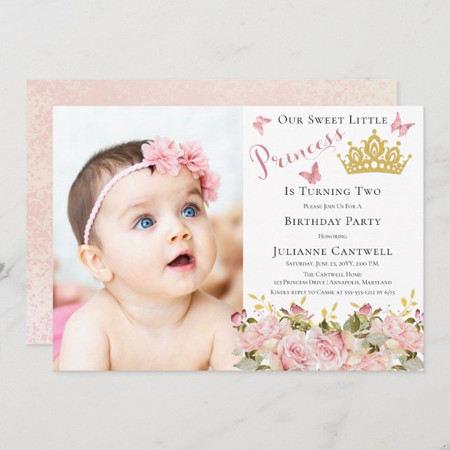 Butterflies Floral Princess Photo 2nd Birthday Invitation (Front/Back)