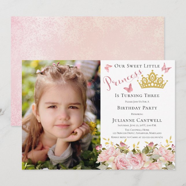 Butterflies Floral Princess Photo 3rd Birthday Invitation (Front/Back)