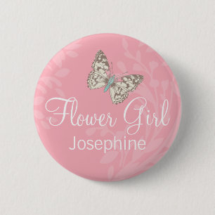 Butterflies Flower girl pink wedding pin / button