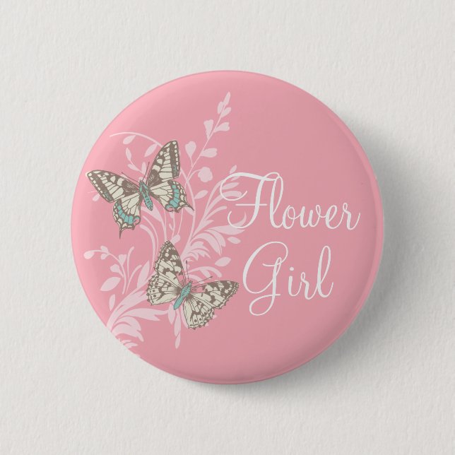 Butterflies flower girl pink wedding pin / button (Front)