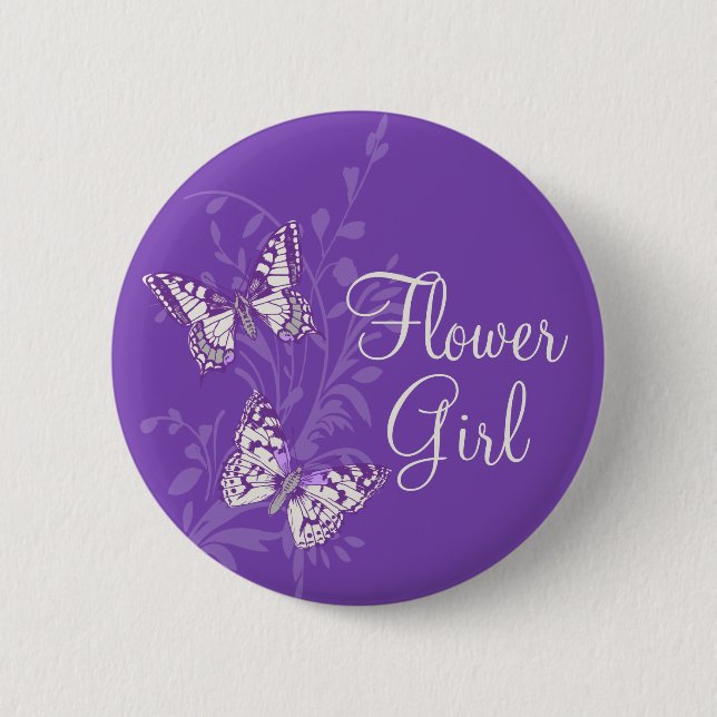 Butterflies flower girl purple wedding pin button (Front)
