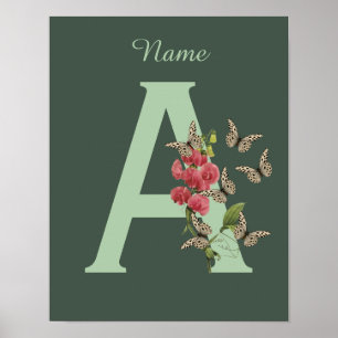 Butterflies Flower Monogram Initial A Personalised Poster