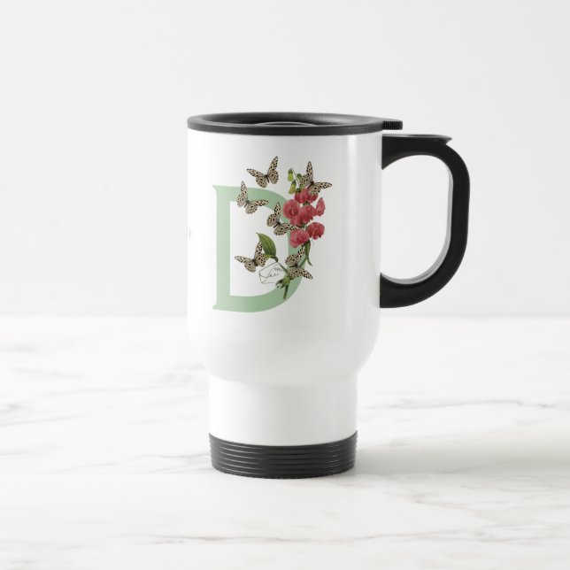 Butterflies Flower Monogram Initial D Personalised Travel Mug (Right)