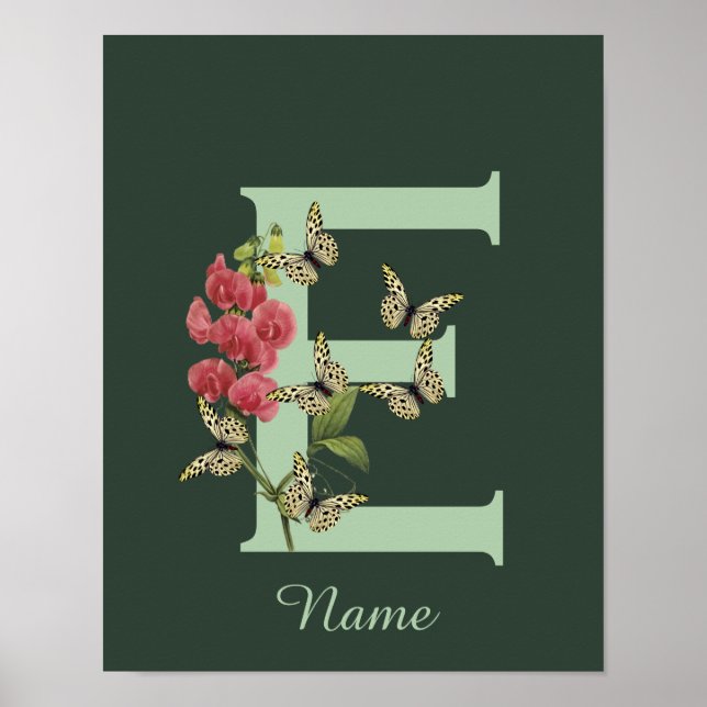 Butterflies Flower Monogram Initial E Personalised Poster (Front)