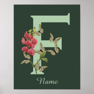 Butterflies Flower Monogram Initial F Personalised Poster
