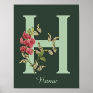 Butterflies Flower Monogram Initial H Personalised Poster