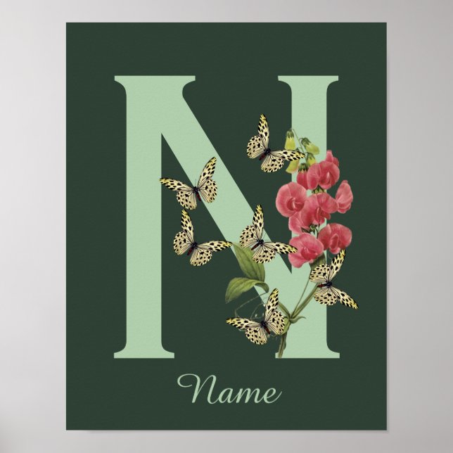 Butterflies Flower Monogram Initial N Personalised Poster (Front)