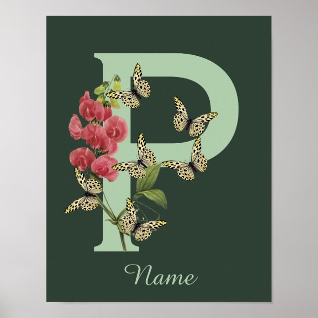 Butterflies Flower Monogram Initial P Personalised Poster (Front)