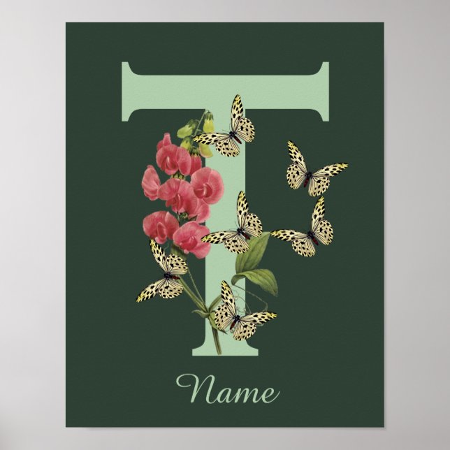 Butterflies Flower Monogram Initial T Personalised Poster (Front)