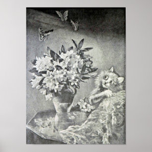 Butterflies, Flower vase, Cat, Louis Wain Poster