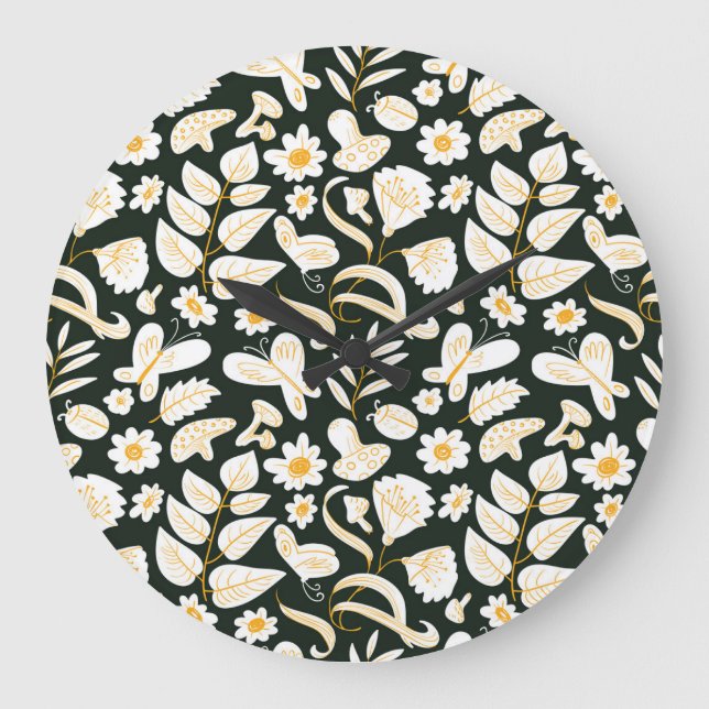 Butterflies & Flowers: Doodle Summer Pattern. Large Clock (Front)