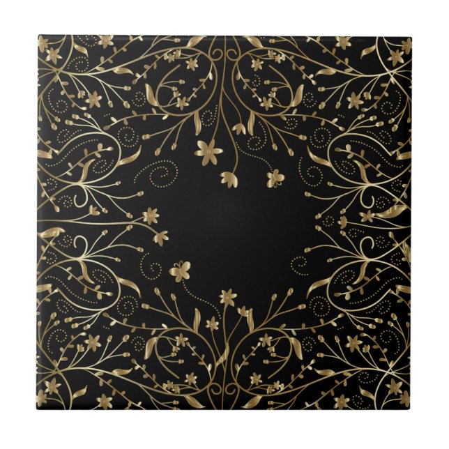 Butterflies Flowers Gold Black Ceramic Tile (Front)
