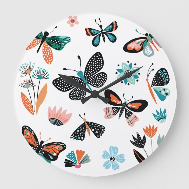 Butterflies Flowers: Hand Drawn Collection Large Clock (Front)