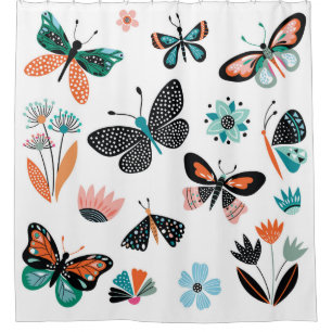 Butterflies Flowers: Hand Drawn Collection Shower Curtain