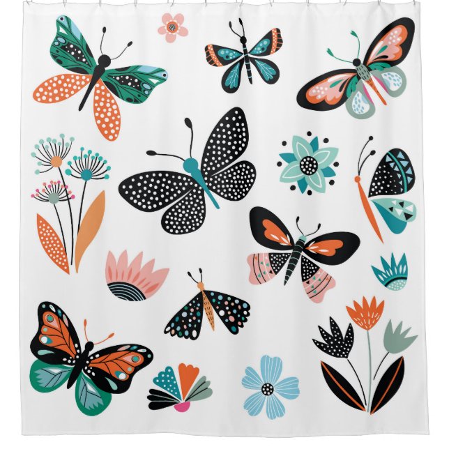 Butterflies Flowers: Hand Drawn Collection Shower Curtain (Front)