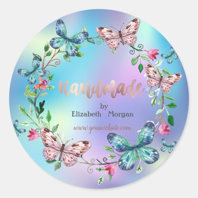 Butterflies,Flowers,Holographic,Handmade Classic Round Sticker (Front)
