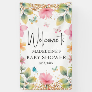 Butterflies Flowers Pink Baby Shower Welcome Banner