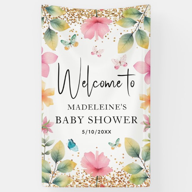 Butterflies Flowers Pink Baby Shower Welcome Banner (Vertical)