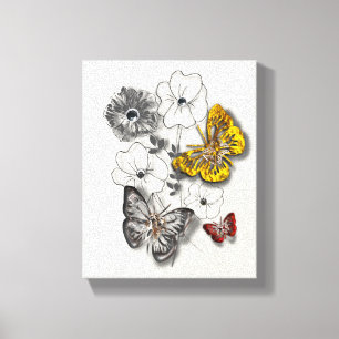 Butterflies Flowers Red Gold Grey Minimalist Style Canvas Print