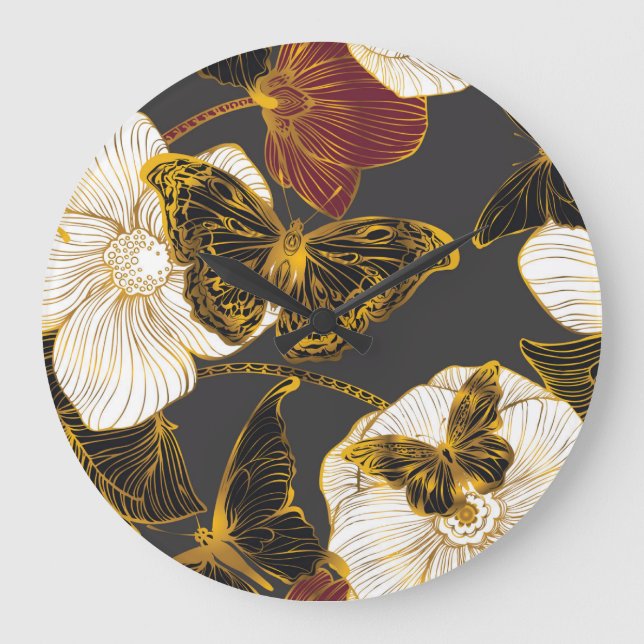 Butterflies & Flowers: Spring Boho Pattern Large Clock (Front)