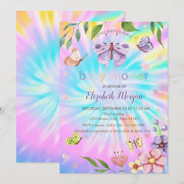  Butterflies Flowers Tie Dye Baby Shower  Invitation (Front/Back)