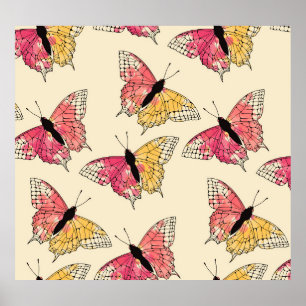 Butterflies flying: seamless ivory pattern poster