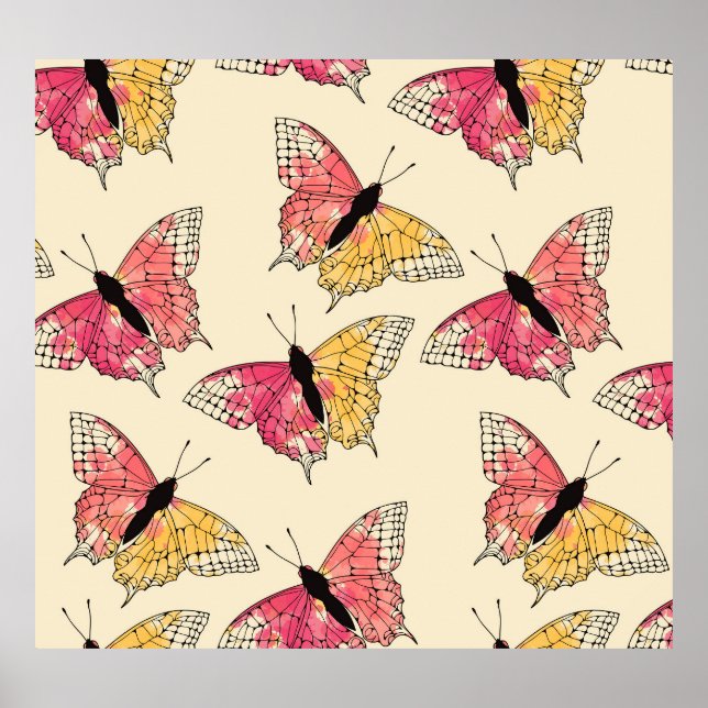 Butterflies flying: seamless ivory pattern poster (Front)