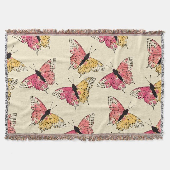 Butterflies flying: seamless ivory pattern throw blanket (Front)