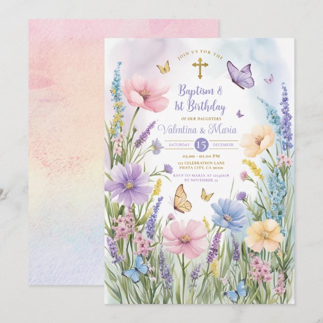 Butterflies Garden Twin Baptism & 1st Birthday  Invitation (Front/Back)