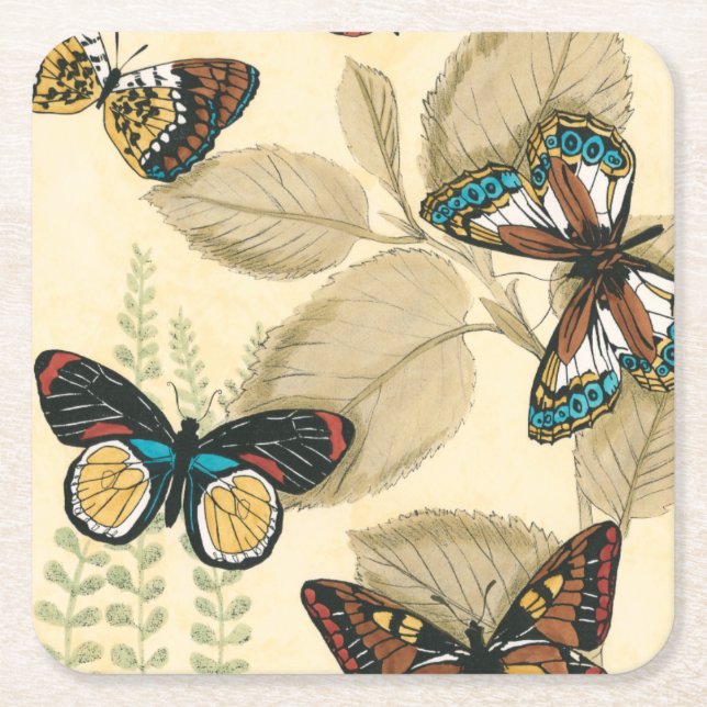 Butterflies Gliding Over Leaves Square Paper Coaster (Front)