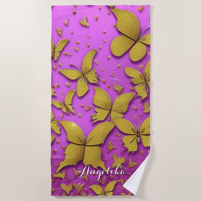 Butterflies Gold Glitters Pink Background Beach Towel (Front)