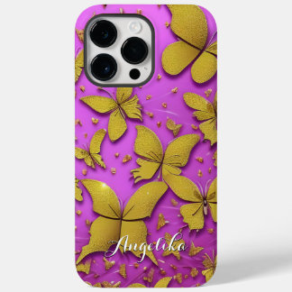 Butterflies Gold Glitters Pink Background Case-Mate iPhone 14 Pro Max Case