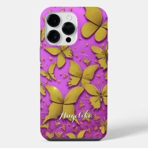 Butterflies Gold Glitters Pink Background iPhone 14 Pro Max Case