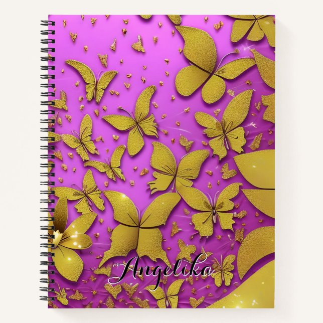 Butterflies Gold Glitters Pink Background Notebook (Front)