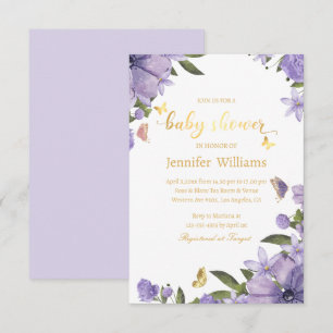 butterflies gold purple floral baby shower invitation