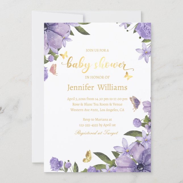 butterflies gold purple floral baby shower  invitation (Front)