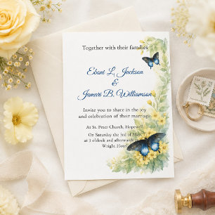 Butterflies & Golden Blooms Watercolor Wedding Invitation