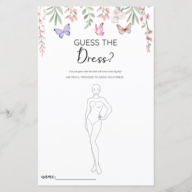 Butterflies Guess the Dress Bridal Shower Game (Front)