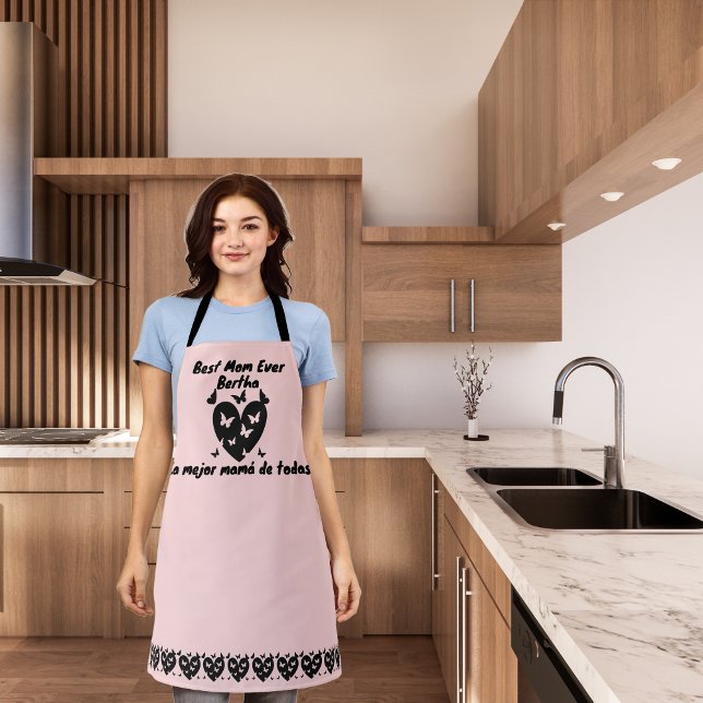 Butterflies & Heart Custom Name, Bilingual Pink Apron (Pink Bilingual Apron; best mom ever, la mejor mamá de todas. multilingual project)